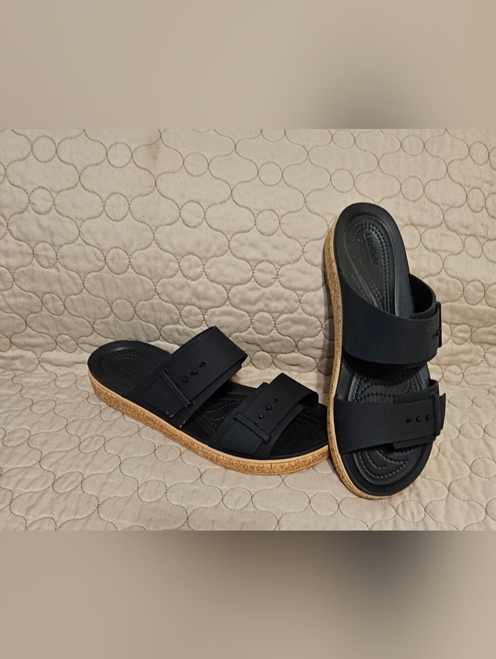 Crocs Black Double-Strap Slide Sandals with Cork Sole